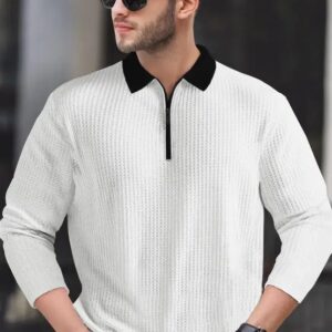 Men Self Design Polo Neck Cotton Blend White, Black T-Shirt